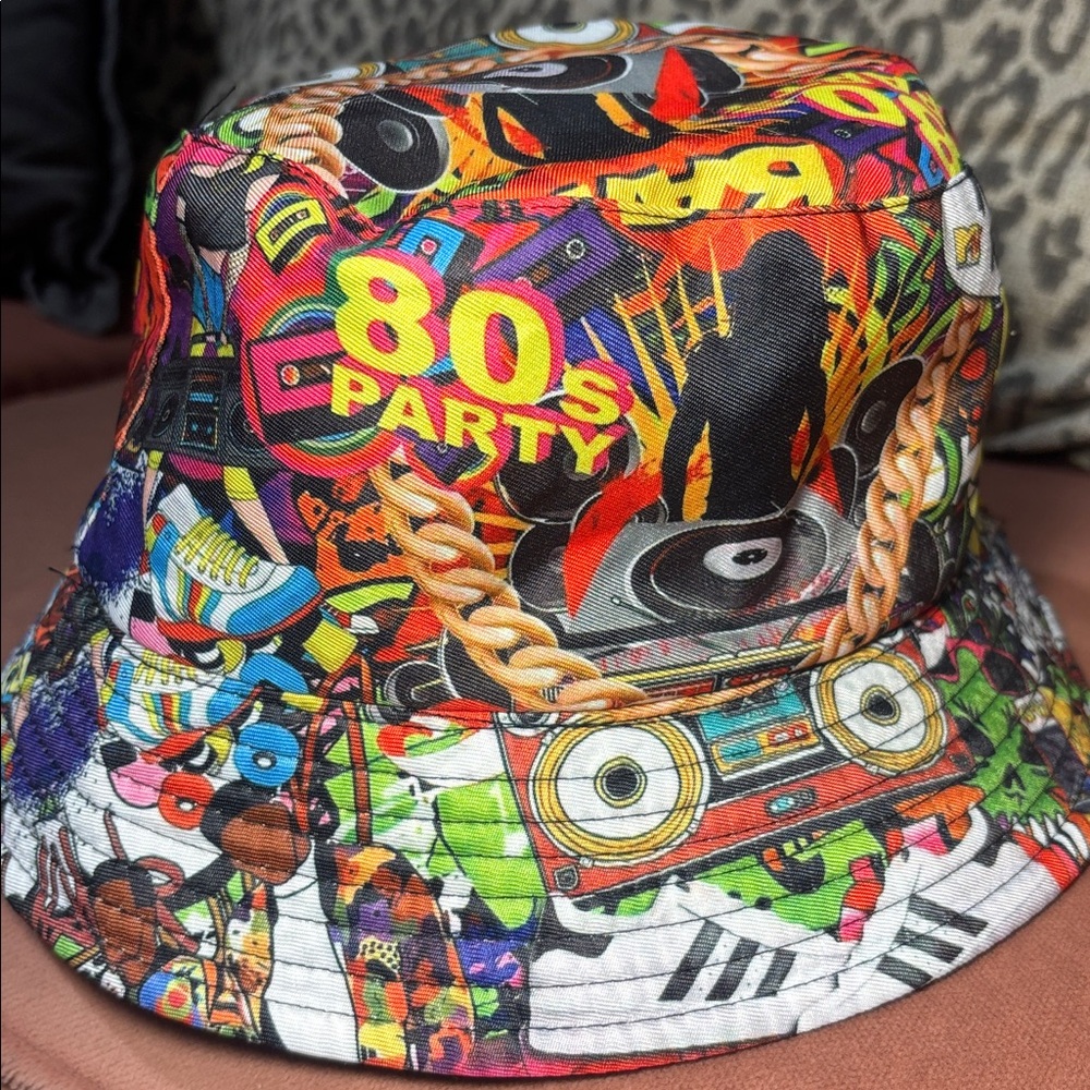 80s 90s graphic multicolored nostalgic graffiti hip hop party bucket hat - Picture 3 of 6